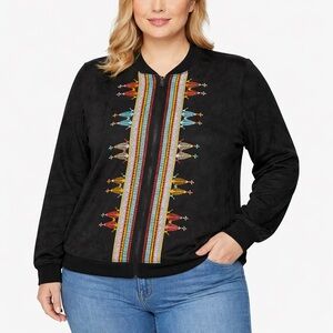 Ruff Hewn Embroidered Bomber Jacket Size XL Black Boho Tribal Zip Up